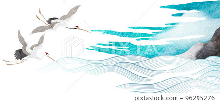 Crane birds elemets. Chinese cloud decorations with blue watercolor texture in vintage style. Abstract art landscape with mountain and ocean sea with hand drawn wave decoration background. 96295276