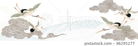 Crane bird decoration vector. Hand drawn chinese cloud with Japanese pattern vector. Flyer, banner or presentation in vintage style. Grey watercolor texture with line wave pattern. 96295277