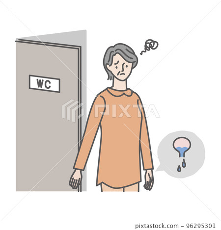 A senior woman who feels uncomfortable with residual urine after going to the toilet 96295301