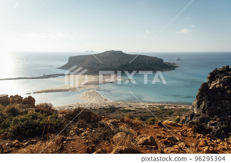 Island Gramvousa and the beautiful Balos beach on sunset in Crete island 96295304