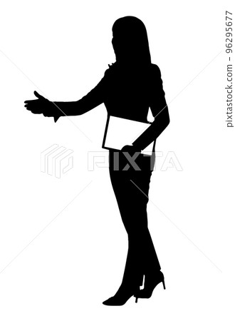 Business woman holding clipboard, vector illustration of black full length silhouette Business woman holding clipboard, vector illustration of black full length silhouette 96295677