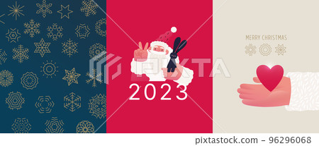Christmas postcards with Santa Claus and Chinese year of the Rabbit zodiac sign - modern flat vector concept illustrations of the Christmas and New Year symbols, vertical postcards set 96296068