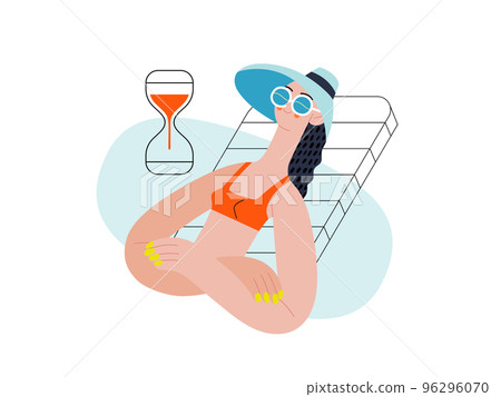 Order is complete - Online shopping and electronic commerce series - modern flat vector concept illustration of a woman made an order and relaxing sunbathing. Sale and online orders concept 96296070