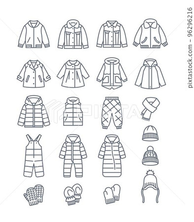 Baby outerwear warm clothes thin line icons. Jackets, coats, snowsuits, hats and mittens. Outline pictograms of kids clothing. Children wardrobe. Basic winter outfit for toddler, little boy or girl 96296216