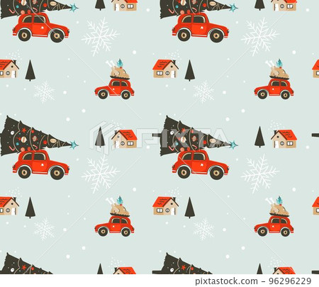 Hand drawn vector abstract Merry Christmas and Happy New Year time cartoon illustrations greeting seamless pattern with xmas tree,car,turkey plate and outdoor houses isolated on blue background Hand drawn vector abstract Merry Christmas and Happy New Year time cartoon illustrations greeting seamless pattern with xmas tree,car,turkey plate and outdoor houses isolated on blue background 96296229