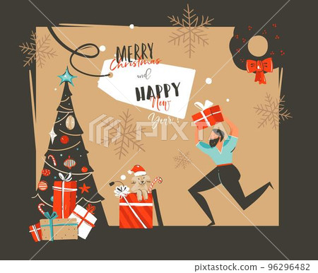 Hand drawn vector abstract Happy New Year time cartoon illustrations retro card with xmas tree,surprise gift boxes,mammal dog and funny man isolated on black background Hand drawn vector abstract Happy New Year time cartoon illustrations retro card with xmas tree,surprise gift boxes,mammal dog and funny man isolated on black background 96296482