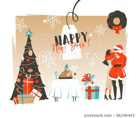 Hand drawn vector Happy New Year time cartoon illustrations retro card with romantic couple who kissing and hugging under the mistletoe,xmas tree and dinner table isolated on craft background Hand drawn vector Happy New Year time cartoon illustrations retro card with romantic couple who kissing and hugging under the mistletoe,xmas tree and dinner table isolated on craft background 96296483