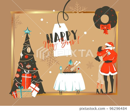 Hand drawn vector abstract Happy New Year time cartoon illustrations retro card with romantic couple who kissing and hugging under the mistletoe,xmas tree and dinner table isolated on craft backgroun Hand drawn vector abstract Happy New Year time cartoon illustrations retro card with romantic couple who kissing and hugging under the mistletoe,xmas tree and dinner table isolated on craft backgroun 96296484