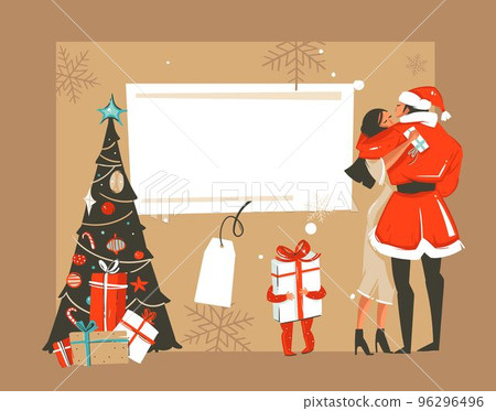 Hand drawn vector abstract fun Merry Xmas time cartoon retro vintage illustrations card with romantic couple who kissing and hugging,xmas tree and place for your text isolated on white background 96296496