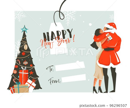 Hand drawn vector abstract fun Happy New Year time cartoon retro vintage illustrations card with romantic couple who kissing and hugging,xmas tree and place for your text isolated on white background Hand drawn vector abstract fun Happy New Year time cartoon retro vintage illustrations card with romantic couple who kissing and hugging,xmas tree and place for your text isolated on white background 96296507