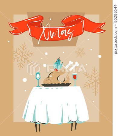 Hand drawn vector abstract fun Merry Christmas time cartoon illustration card template with Christmas food on table and moon in window isolated on craft paper background Hand drawn vector abstract fun Merry Christmas time cartoon illustration card template with Christmas food on table and moon in window isolated on craft paper background 96296544