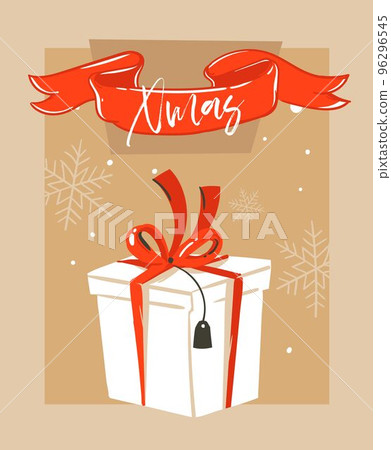 Hand drawn vector abstract fun Merry Christmas time cartoon illustration greeting card with big white surprise gift box and Merry Xmas typography isolated on craft paper background Hand drawn vector abstract fun Merry Christmas time cartoon illustration greeting card with big white surprise gift box and Merry Xmas typography isolated on craft paper background 96296545