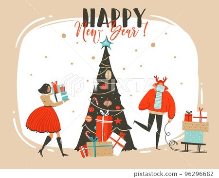 Hand drawn vector abstract fun Merry Christmas time cartoon illustration greeting card with group of people ,surprise gift boxes,Christmas tree and xmas calligraphy isolated on craft background Hand drawn vector abstract fun Merry Christmas time cartoon illustration greeting card with group of people ,surprise gift boxes,Christmas tree and xmas calligraphy isolated on craft background 96296682