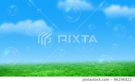 Background design of soap bubbles dancing in the green meadow and blue sky 96296822