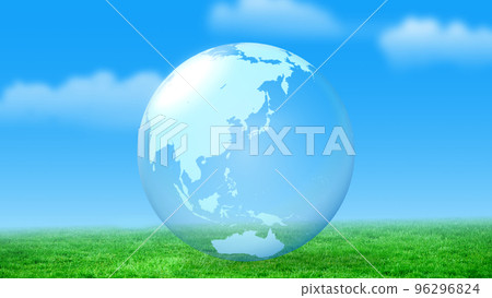 Glass ball earth shining in the green grassland and blue sky SDGs background design Glass ball earth shining in the green grassland and blue sky SDGs background design 96296824
