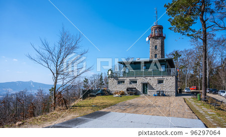 Old stone lookout tower and restaurant on Prosec Ridge near Jablonec nad Nisou, Jizera Mountains, Czech Republic Old stone lookout tower and restaurant on Prosec Ridge near Jablonec nad Nisou, Jizera Mountains, Czech Republic 96297064