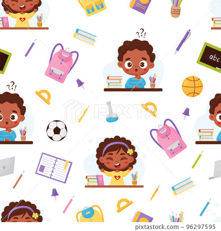 Seamless pattern back to school. Cute dark-skinned schoolchildren, thoughtful boy and happy girl, school education items and stationery in cartoon style on white background. Vector illustration Seamless pattern back to school. Cute dark-skinned schoolchildren, thoughtful boy and happy girl, school education items and stationery in cartoon style on white background. Vector illustration 96297595