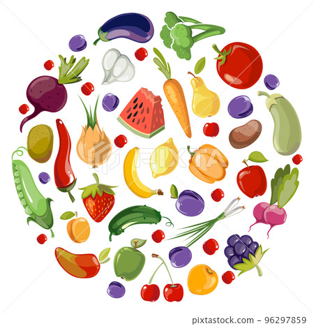 Fruit and vegetables circle. Round cartoon food pattern Fruit and vegetables circle. Round cartoon food pattern 96297859