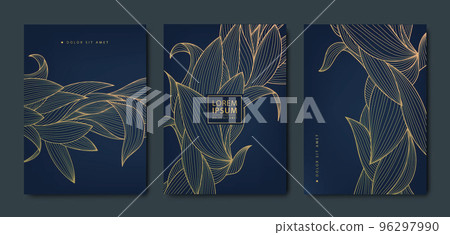 Vector japanese leaves, flowers with leaves patterns. Floral golden elements template in vintage style. Luxury black line covers, flyers, brochures, packaging design, social media post, banners Vector japanese leaves, flowers with leaves patterns. Floral golden elements template in vintage style. Luxury black line covers, flyers, brochures, packaging design, social media post, banners 96297990
