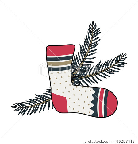 New Year sock with patterns and a Christmas tree branch. Festive decorative element for design on winter holiday 96298415