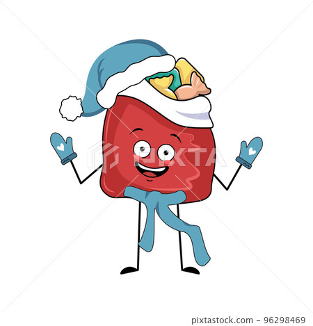 Cute red bag character with New Year gifts with joyful emotions, smile face, happy eyes, arms and legs. Happy holiday symbol in a red Santa hat, scarf and mittens Cute red bag character with New Year gifts with joyful emotions, smile face, happy eyes, arms and legs. Happy holiday symbol in a red Santa hat, scarf and mittens 96298469