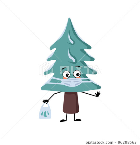Cute Christmas tree with sad emotions, face and mask keep distance, hands with shopping bag and stop gesture. Pine with eyes. New year festive decoration, joyful fir Cute Christmas tree with sad emotions, face and mask keep distance, hands with shopping bag and stop gesture. Pine with eyes. New year festive decoration, joyful fir 96298562