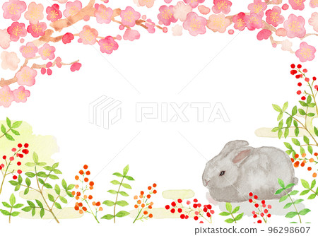 New Year's background with watercolor hand-painted plums and southern sky Gray rabbit New Year's background with watercolor hand-painted plums and southern sky Gray rabbit 96298607