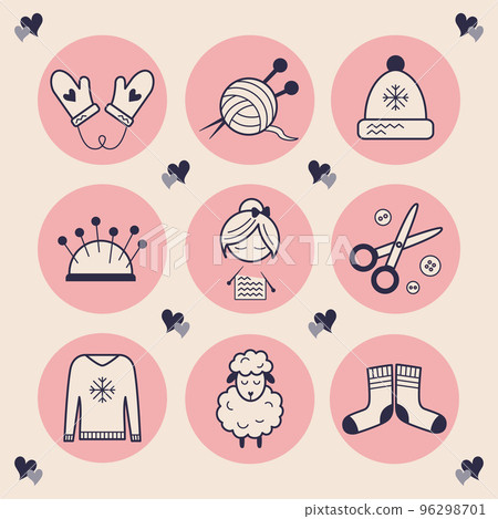 Stylish icons for needlework. Images of a knitting woman, scissors, buttons, a hat, mittens with hearts, soft and warm sheep wool, a ball of yarn with knitting needles. Stylish highlights handmade 96298701