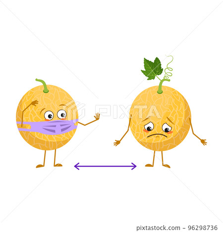 Cute melon characters with emotions, face and mask keep distance, arms and legs. The funny or sad hero, fruit with eyes. Vector flat illustration Cute melon characters with emotions, face and mask keep distance, arms and legs. The funny or sad hero, fruit with eyes. Vector flat illustration 96298736