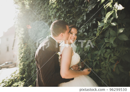 Stylish couple of happy newlyweds walking in the park on their wedding day with bouquet 96299530