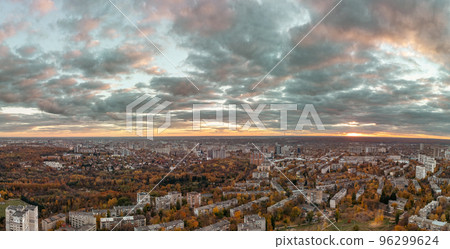 Aerial Kharkiv city sunset pano, autumn cityscape 96299624