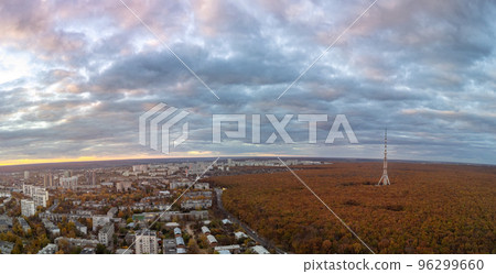 Aerial autumn sunset city view with telecom tower 96299660