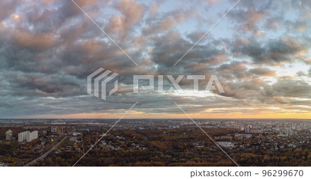 Aerial Kharkiv city sunset pano, autumn cityscape 96299670