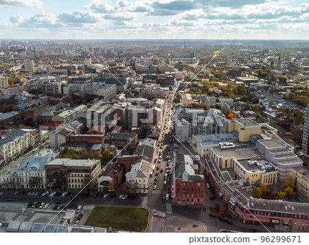 Aerial sunny Kharkiv city center streets, Ukraine 96299671