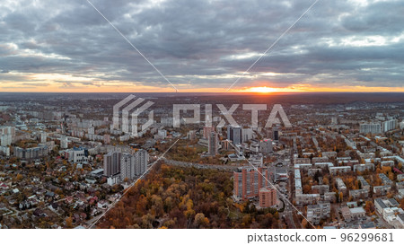 Aerial epic city at sunset, Kharkiv center streets 96299681