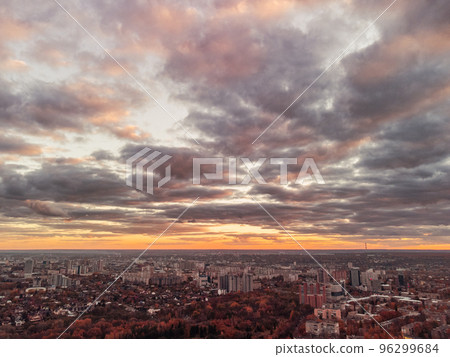 Aerial Kharkiv city epic sunset, autumn cityscape 96299684