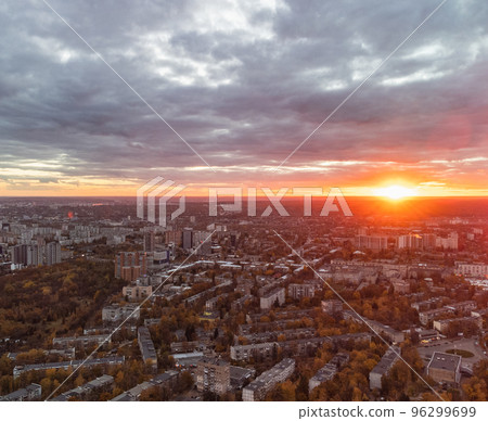 Aerial view city at sunset, Kharkiv center streets Aerial view city at sunset, Kharkiv center streets 96299699
