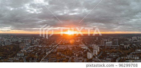 Aerial city view at sunset, Kharkiv center streets Aerial city view at sunset, Kharkiv center streets 96299708