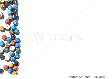 Volume potentiometer mixer orange blue red knob and copy space for text. Volume potentiometer mixer orange blue red knob and copy space for text. 96300100