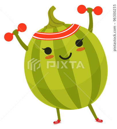 Watermelon exercise. Strong fruit mascot. Cartoon character Watermelon exercise. Strong fruit mascot. Cartoon character 96300255