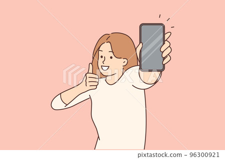 Smiling woman show mockup cellphone screen Smiling woman show mockup cellphone screen 96300921