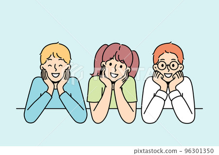 Children sit, watch, rest their chins with hands. Children sit, watch, rest their chins with hands. 96301350