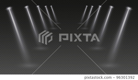 Stage spotlights, realistic light corridor, shiny white beams overlay effect for music stage or awards nomination Stage spotlights, realistic light corridor, shiny white beams overlay effect for music stage or awards nomination 96301392