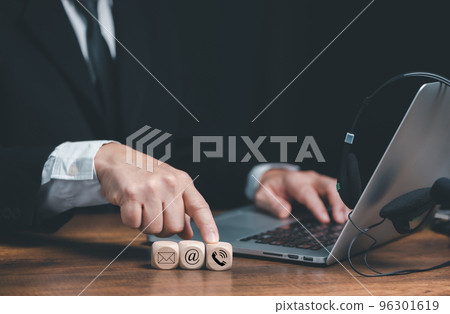 CONTACT US, Hand of Businessman pointing on mail,phone,email, chat icons. Business customer support and service concept. 96301619