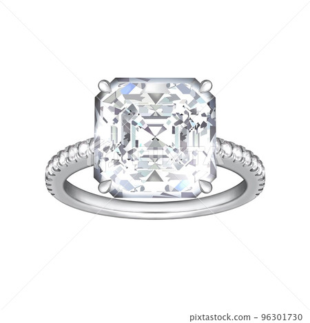 Illustration of a white gold jewellery engagement ring. Isolated object on white background. White gold with a large diamond and lots of small crystals. Engagement ring. A wedding attribute. Illustration of a white gold jewellery engagement ring. Isolated object on white background. White gold with a large diamond and lots of small crystals. Engagement ring. A wedding attribute. 96301730