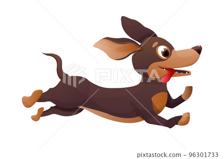 Cute dachshund puppy, jumping and smiling in cartoon style, bright pet character isolated on white background. Cute dachshund puppy, jumping and smiling in cartoon style, bright pet character isolated on white background. 96301733