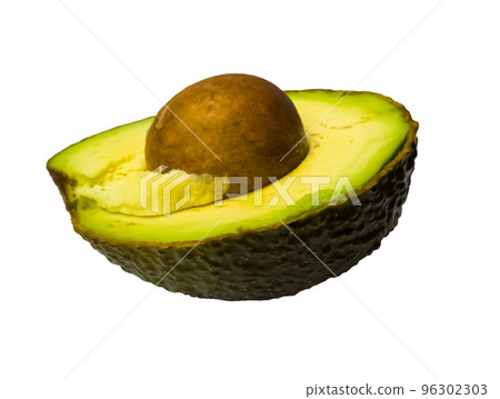 Half avocado with bone on white background with shade. Ripe, greens with yellow. Photo. Half avocado with bone on white background with shade. Ripe, greens with yellow. Photo. 96302303