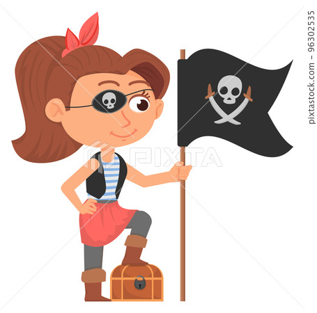 Pirate girl with black flag and treasure chest. Funny child game 96302535