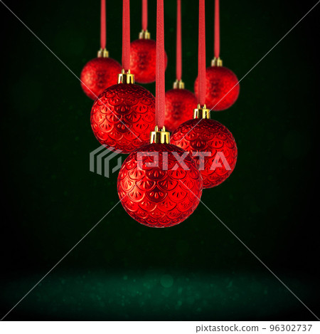Christmas tree ornaments hanging. Balls made of glass or plastic hanging over abstract background 96302737