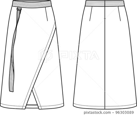 Vector wrapped midi skirt with accessories technical drawing, template, flat, sketch. Maxi skirt fashion CAD with belt and stitch detail. Jersey or woven fabric skirt with front, back view, white Vector wrapped midi skirt with accessories technical drawing, template, flat, sketch. Maxi skirt fashion CAD with belt and stitch detail. Jersey or woven fabric skirt with front, back view, white 96303089